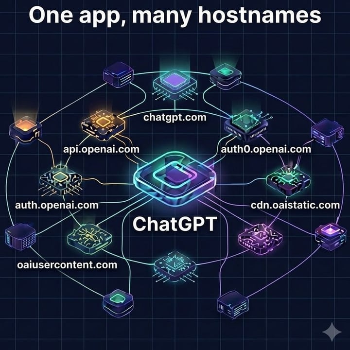 One app fans out to many hostnames — a single ChatGPT app talking to api.openai.com, auth0.openai.com, cdn.oaistatic.com, oaiusercontent.com and more